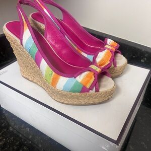 Coach Pink and Orange Striped Wedge Sandals